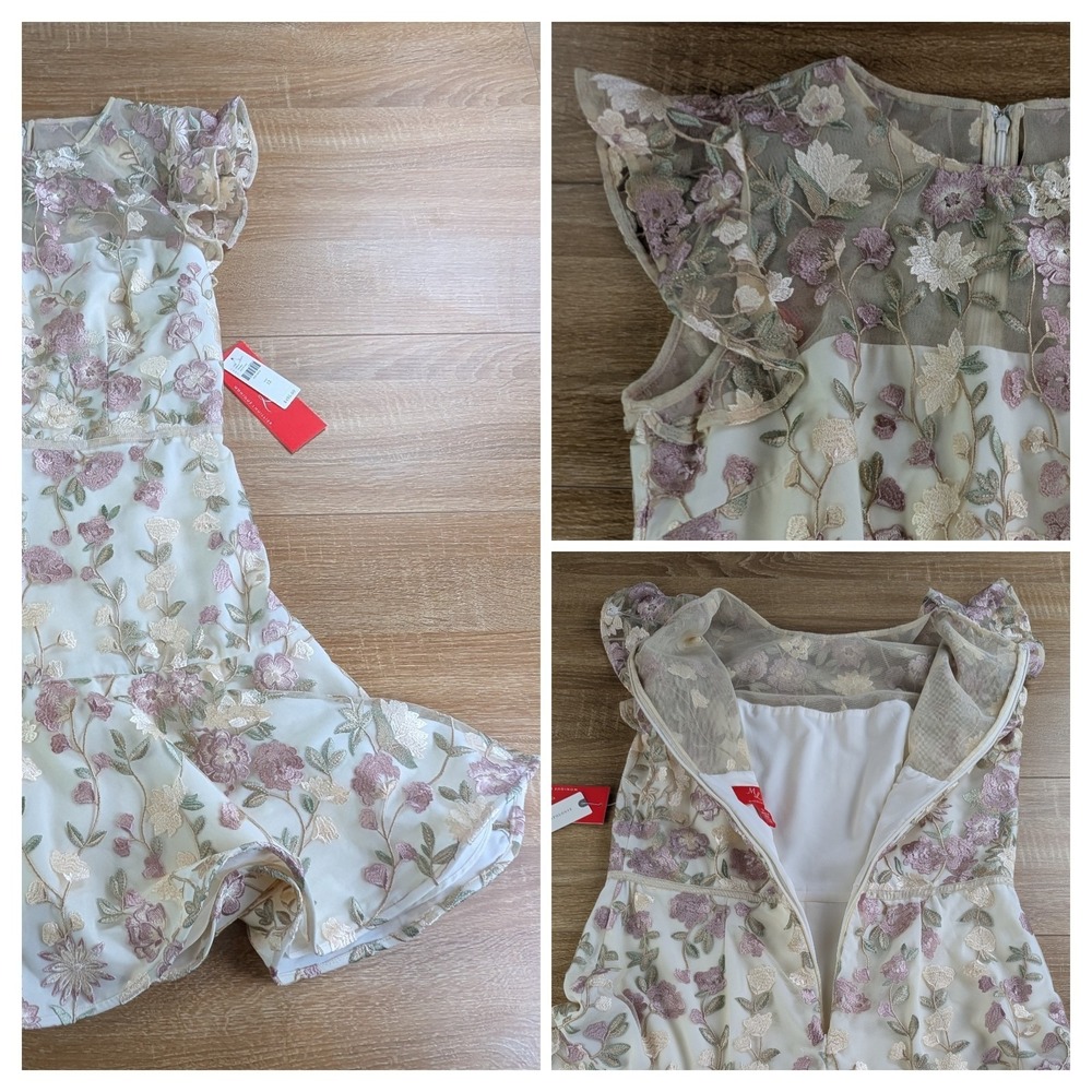 ML Monique Lhuillier Embroidered Floral Overlay Cocktail Dress Size 12 Flutter